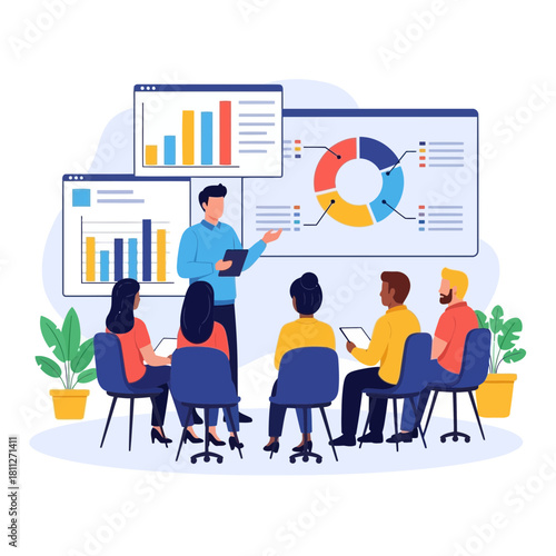 Diverse team in training session with data visualization on screen