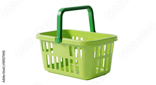 Green plastic shopping basket with handle isolated on transparent background