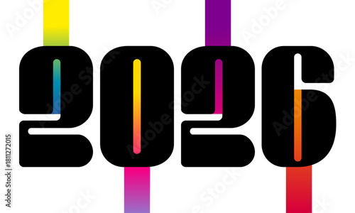 2026 - Carte fantaisie avec des chiffes originaux noirs décorés de bandeaux aux effets de dégradés aux couleurs arc en ciel.