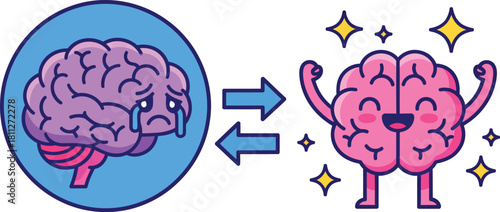 Cartoon illustration of a sad crying brain transforming into a happy strong and healthy brain.