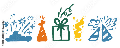 Vector holiday party set with firework, firecracker, gift, and star element. Cute kid's birthday illustration in funky sketch art. Explosive burst of confetti, twinkling light for carnival decoration