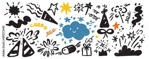 Doodle drawing of party celebration with firework and firecracker burst. Abstract childish scribble art with star, confetti, cloud, gift, present. Fun retro graphic, magic spark, bowtie decoration