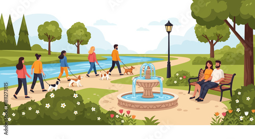 People enjoying a sunny day in a park with their dogs and a fountain, a couple relaxing on a bench