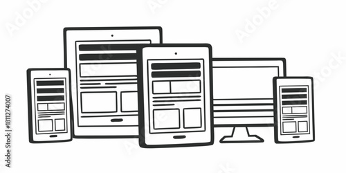 Line art depiction of responsive design with a desktop, tablet, and mobile phone display layout shown