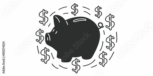 Black piggy bank surrounded by dollar symbols with dashed lines on a white background design art