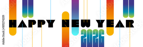 2026 - Bannière fantaisie et dynamique pour la nouvelle année, décorée de formes aux effets de dégradé - Texte anglais - traduction : bonne année.