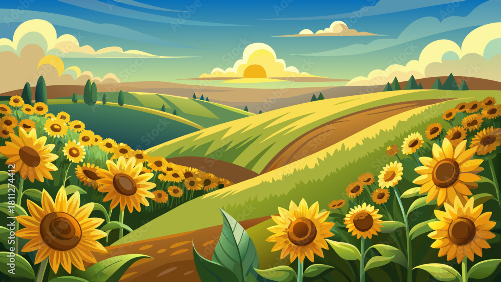 Fototapeta premium Very beautiful sunflower-covered hill in North Dakota, showcasing bright golden blooms rising across gentle slopes under a clear sky, creating a warm, cheerful, and vibrant rural summer landscape.