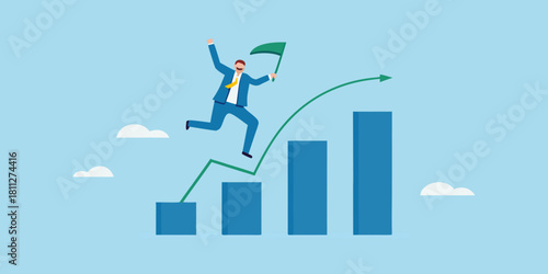 Businessman jumping over graph with flag business success and achievement concept