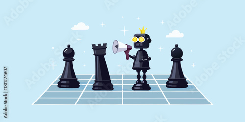 Robot with megaphone on chessboard strategy and communication concept