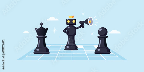 Robot chess king with megaphone leading queen and pawn