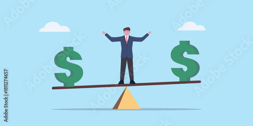 Businessman balancing on seesaw with dollar signs financial equilibrium concept