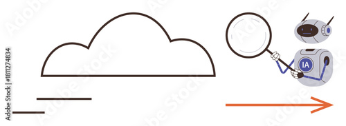 Cloud outlined alongside AI robot holding magnifying glass analyzing information and data stream. Ideal for technology, AI, cloud computing, analytics, research, innovation, data visualization