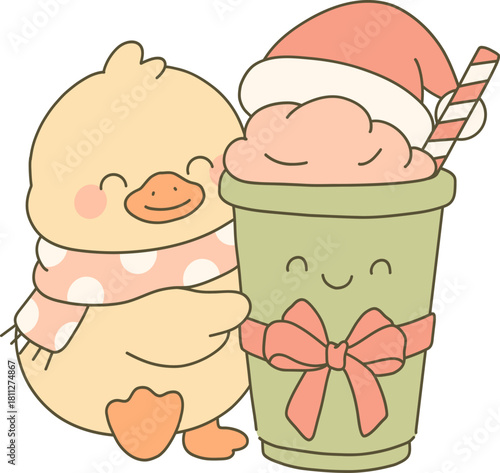 Duckling in a polka dot scarf, happily hugging a large mug of hot drink cocoa whipped cream.