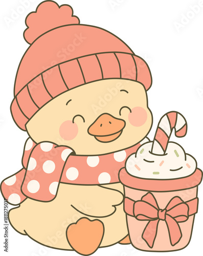 Smiling duckling in a bobble hat and polka dot scarf, hugging a hot cocoa cup with a candy cane.