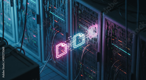 A glowing data transfer illustration inside a high-tech data center. Highlighting technological efficiency, network, and futuristic design.