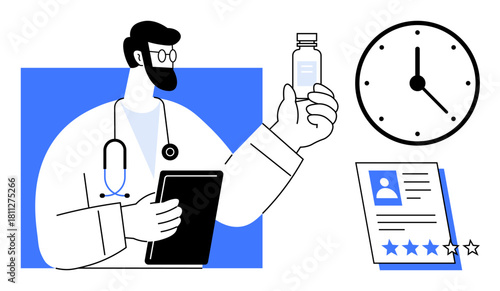 Doctor with stethoscope holding tablet, examining medicine, clock symbolizing time management, patient records with ratings. Ideal for healthcare, medical review, time efficiency, medication