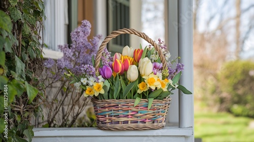 Photography Small colorful flower basket with a handle wrapped in twine filled with tulips l