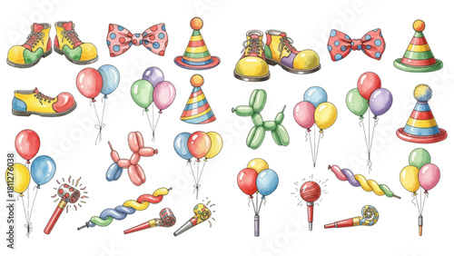 A vibrant collection of watercolor clown accessories including colorful shoes, hats, balloons, bow ties, and a horn, on a transparent background.