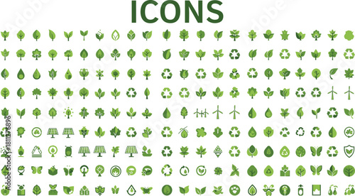 Extensive grid of flat vector icons in various shades of green, illustrating themes of nature, ecology, conservation, environment, and sustainability concepts.