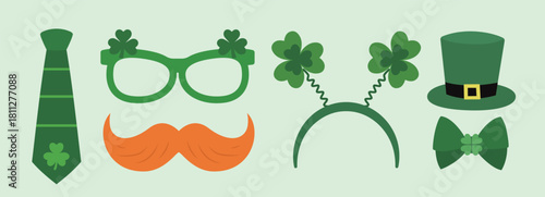 St. Patrick's Day element set.
Includes a clover, a Leprechaun hat, party glasses, a mustache, a tie, a bow tie, and a headband.
St patrick day photo booth and party stickers.
Flat vector illustration
