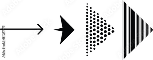 Progression illustration showing different arrow styles, including simple line, solid filled, halftone dot pattern, and striped bar triangular shapes pointing right.
