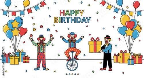 Cheerful clowns celebrating at a birthday party with balloons, confetti, and presents in a festive vector illustration