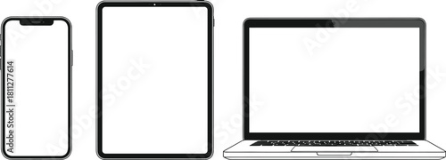 Set of three high-quality digital device mockups including a smartphone, tablet, and open laptop with empty screens on a white background.