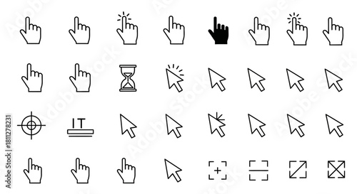 Versatile collection of modern cursor and pointer icons for user interface design, web development, and interactive digital application elements, featuring diverse interaction symbols