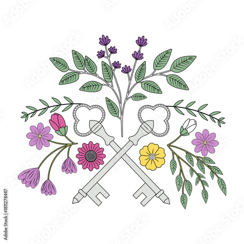 A vintage style illustration representing ancient keys