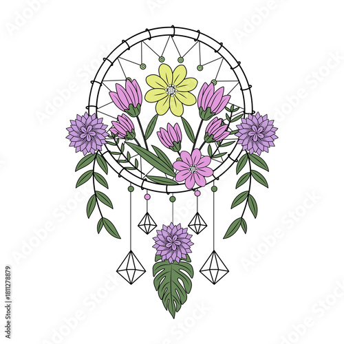 A vintage style illustration depicting dreamcatcher