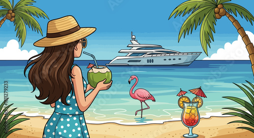 Young woman in a sun hat enjoying a luxurious summer vacation on a tropical beach with a yacht and cocktails