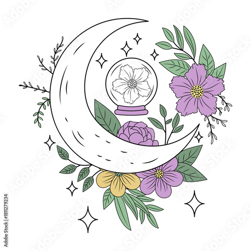 A vintage style illustration representing crescent moon