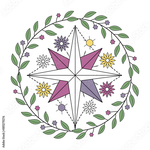A vintage style illustration depicting crystal star
