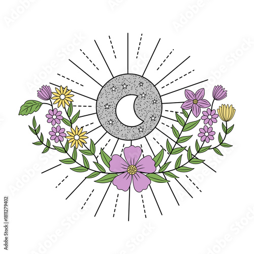 A vintage style illustration representing fantasy moon