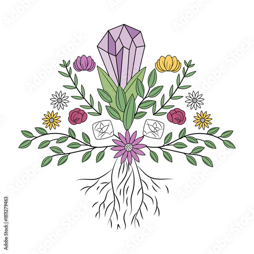 A vintage style illustration showing crystal roots