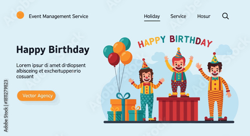 Happy Birthday Celebration Festive Clowns, Balloons, and Gift Boxes for a Fun Holiday