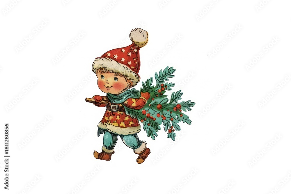 Fototapeta premium Christmas boy toy carry christmas tree toy figurine person human.