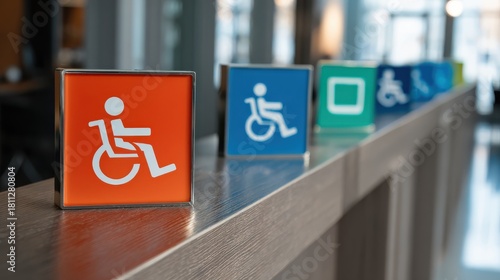 Colorful Accessibility Signs in Modern Interior for Inclusive Spaces, Highlighting Wheelchair Access, Public Facilities, and Supportive Design Concepts