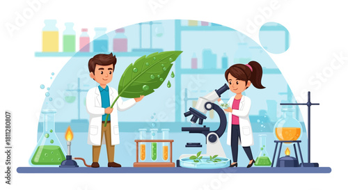 Researchers in a Lab Examine a Leaf Under a Microscope, Conducting Experiments