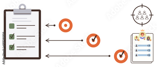 Checklist clipboard with tasks, orange targets with arrows, leaderboard with profiles. Ideal for task management, goal tracking, team priority, productivity, planning, leadership simple flat