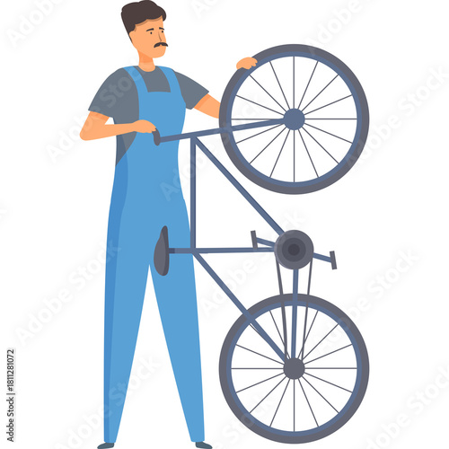 Man with mustache in blue overalls holding a bicycle with two wheels and gears on a transparent background illustration