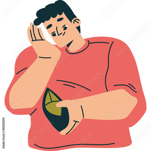 Man with open hand on face holding a black and green object with red shirt and dark hair isolated on white background vibrant colors illustration style