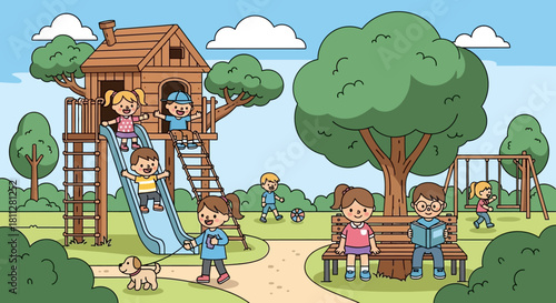 Children playing in the park, cartoon-style treehouse and recreation activities