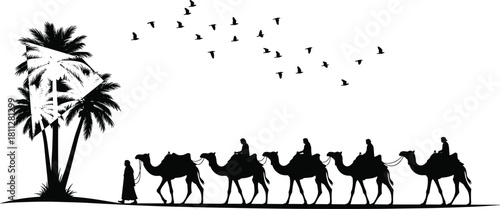 Desert Caravan of Camels with Riders Silhouette Vector, Palm Trees, Sand Dune Landscape, Travel, Nomadic Culture, and Oasis View Graphic Illustration.