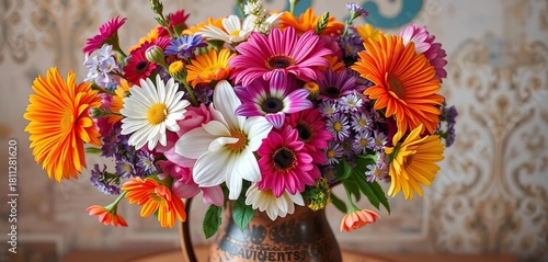 Vibrant bouquet of assorted flowers in a rustic vase, vintage, peonies