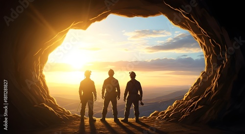 Three explorers stand at cave entrance looking at sunrise