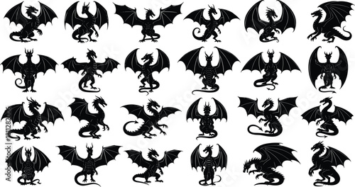 Black Dragon Silhouette Collection: Fantasy Vector Art Set of Mythical Creatures, Winged Beasts, Medieval Icons, and Fierce Monsters for Gaming and Design Projects.