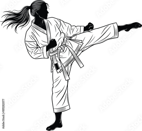 Female Karate Fighter High Kick Vector Illustration, Woman in Martial Arts Uniform, Self Defense, and Combat Sports Graphic Design.
