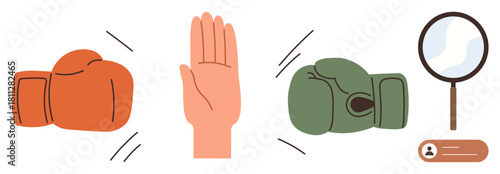 Red and green boxing gloves in a standoff, a hand gesture signaling stop, and a magnifying glass. Ideal for conflict, negotiation, peace, teamwork, analysis, mediation problem-solving simple flat