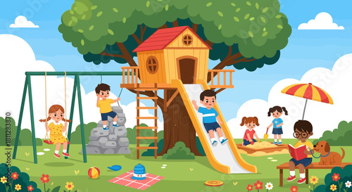 Children enjoying outdoor activities at a playground with a treehouse, slide, and swings on a sunny day